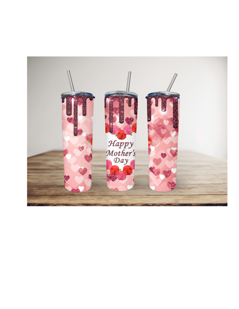 Happy Mother's Day Heart Tumbler 20 Ounce Stainless Steel Tumbler, Great Mother's Day Gift! Great gift for Mom!